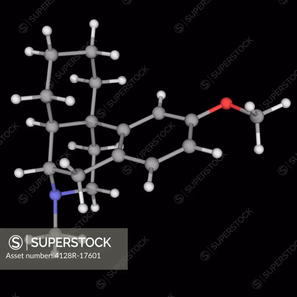 Dextromethorphan, molecular model. Antitussive drug. Atoms are represented as spheres and are colour_coded: carbon grey, hydrogen white, nitrogen blue...