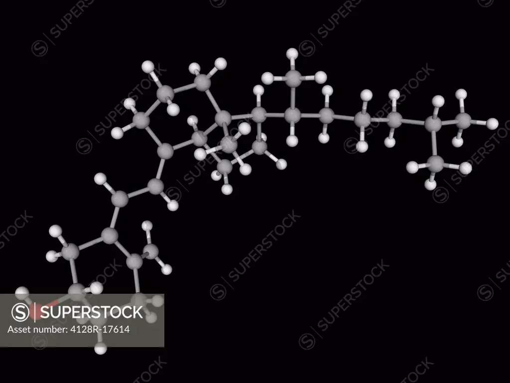 Vitamin D, molecular model. Vitamin required as a prohormone and which can be synthesized in the body when sun exposure is adequate. Atoms are represe...