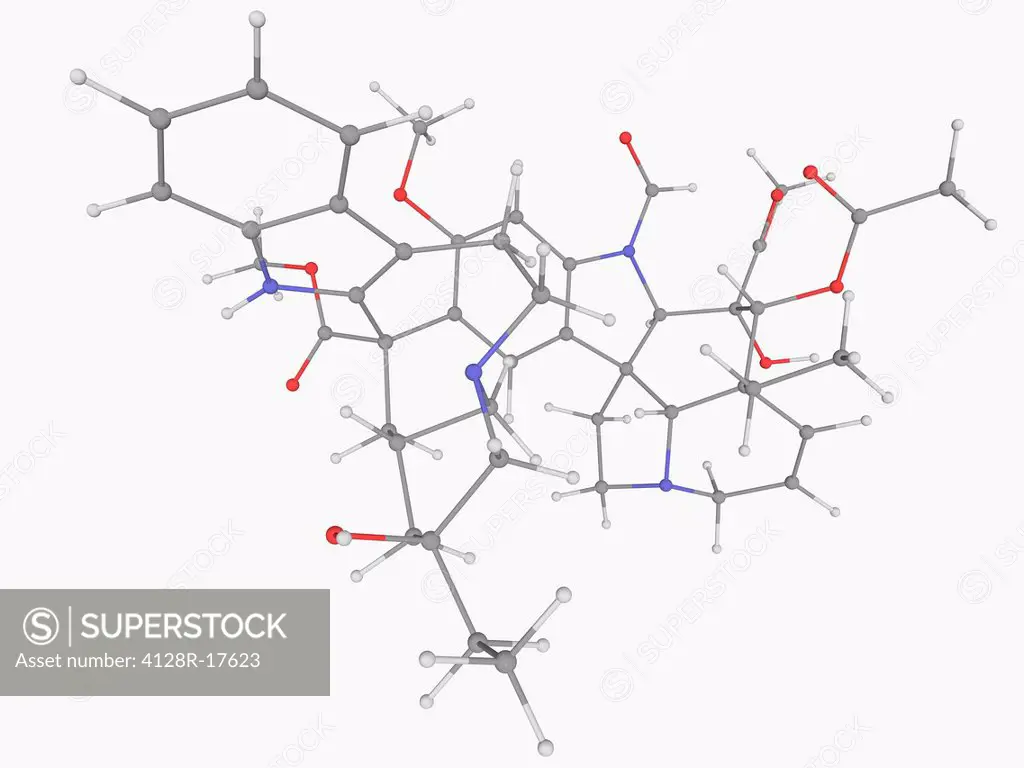 Vincristine, molecular model. Mitotic inhibitor used in cancer chemotherapy. Atoms are represented as spheres and are colour_coded: carbon grey, hydro...