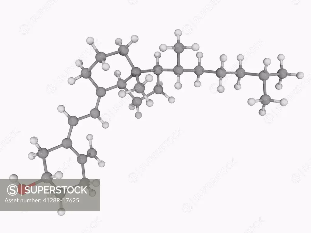 Vitamin D, molecular model. Vitamin required as a prohormone and which can be synthesized in the body when sun exposure is adequate. Atoms are represe...
