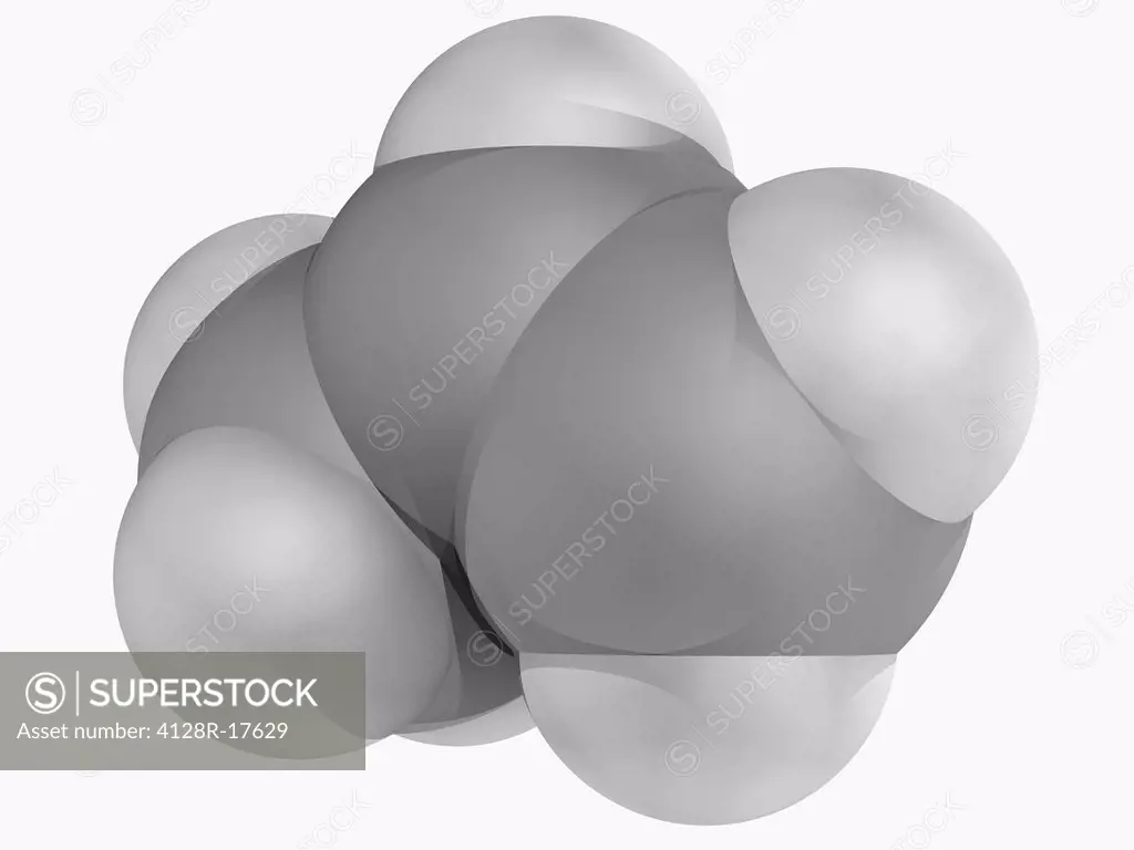 Propene propylene, molecular model. Unsaturated organic compound produced from petroleum and natural gas, and raw material for a wide variety of produ...