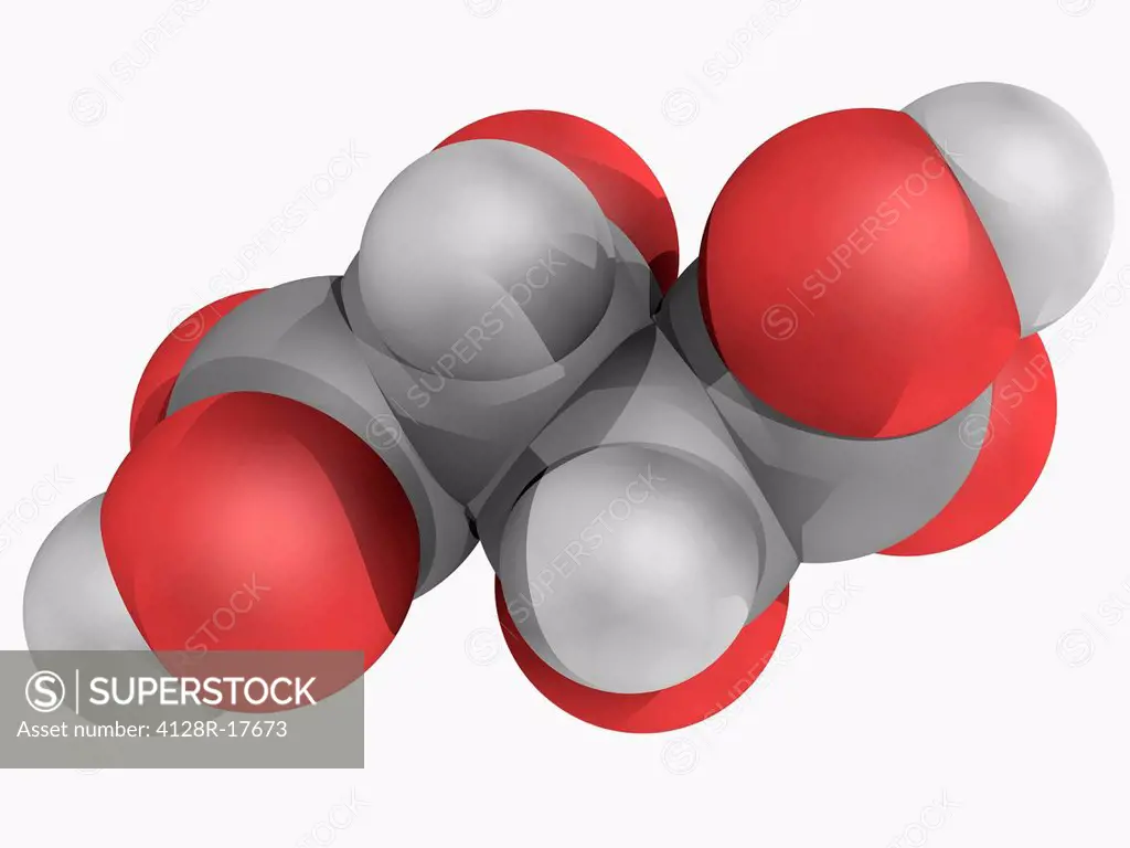 Tartaric acid, molecular model. White crystalline diprotic organic acid naturally occurring in grapes, bananas, and tamarinds. Atoms are represented a...