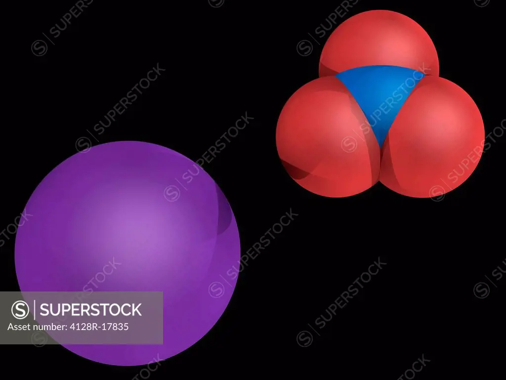 Potassium nitrate, molecular model. Chemical compound used in fertilizers, food additives, rocket propellants and fireworks. One of the constituents o...