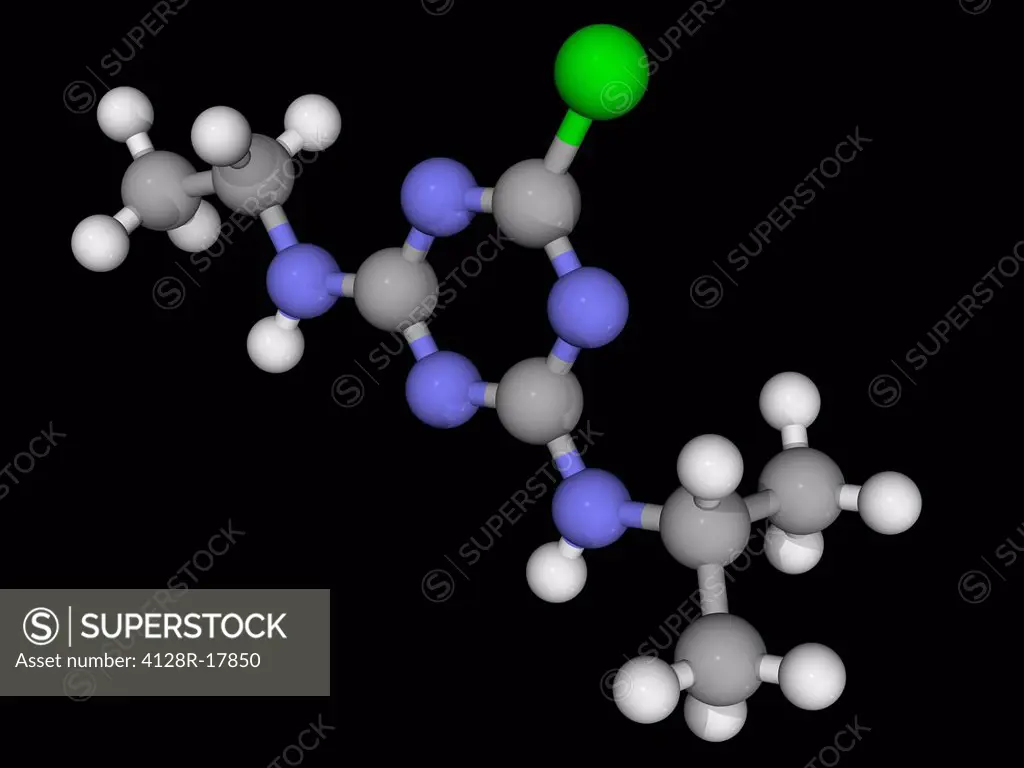 Atrazine, molecular model. Organic compound used as an herbicide. Widely used worldwide, though banned in the European Union. Atoms are represented as...