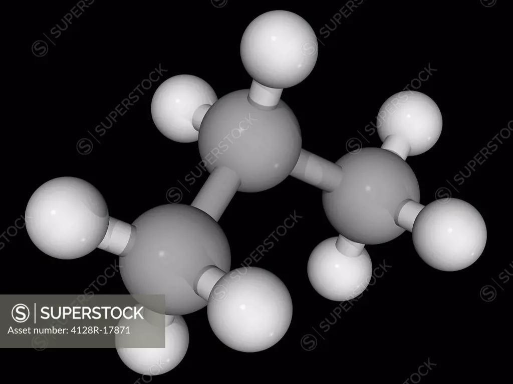 Propane, molecular model. Organic compound and by_product of natural gas processing and petroleum refining. Commonly used as fuel. Atoms are represent...
