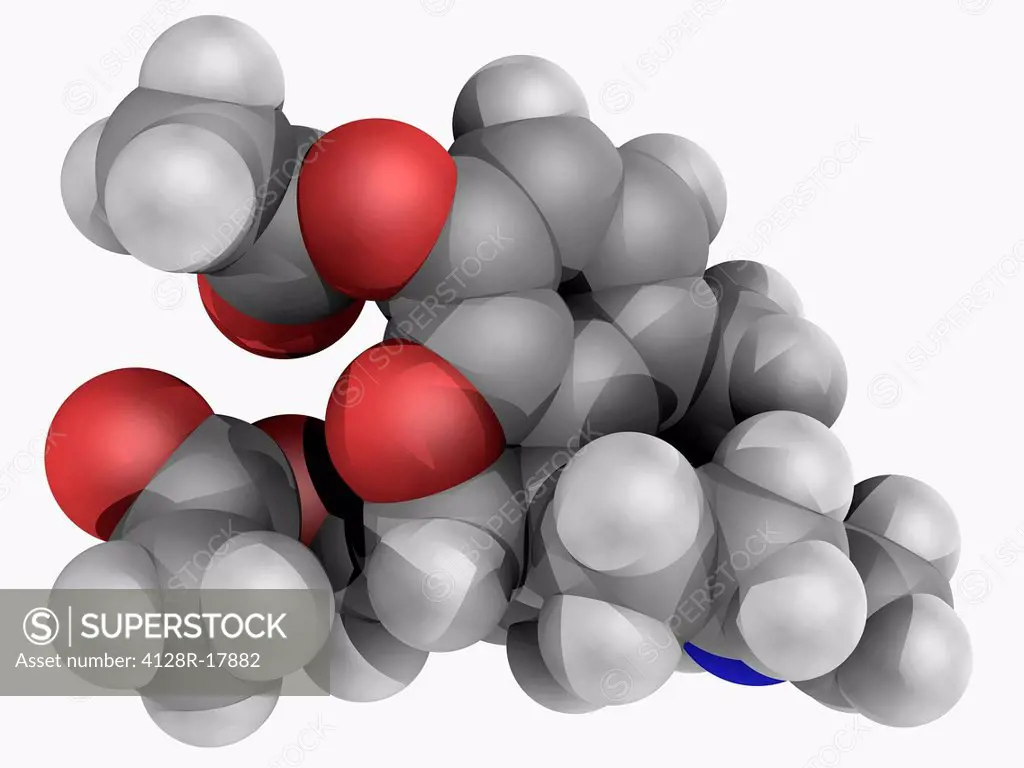 Heroin, molecular model. Opioid analgesic synthesized from morphine. Used as both an analgesic and a recreational drug. Atoms are represented as spher...