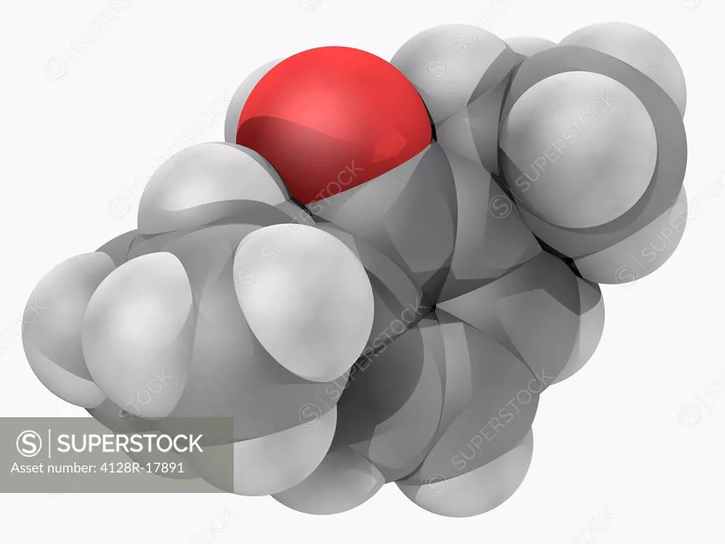 Propofol, molecular model. Short_acting hypnotic agent used in the induction and maintenance of general anaesthesia. Atoms are represented as spheres ...