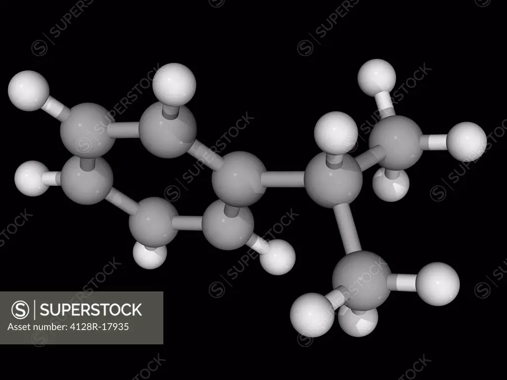 Cumene isopropylbenzene, molecular model. Aromatic hydrocarbon, constituent of crude oil and refined fuels. Atoms are represented as spheres and are c...