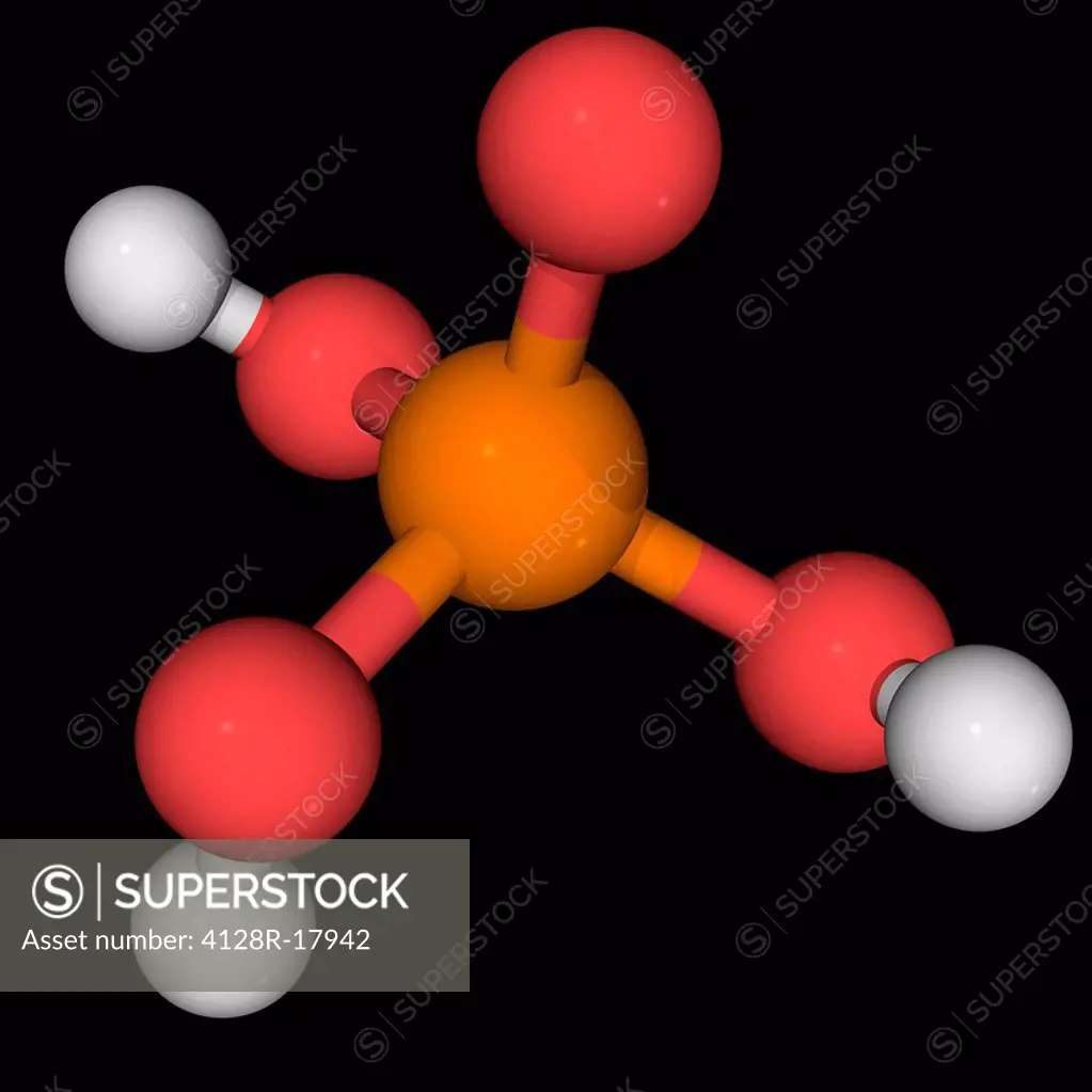 Phosphoric acid, molecular model. Inorganic compound, strong acid, may be used as a rust converter. Atoms are represented as spheres and are colour_co...