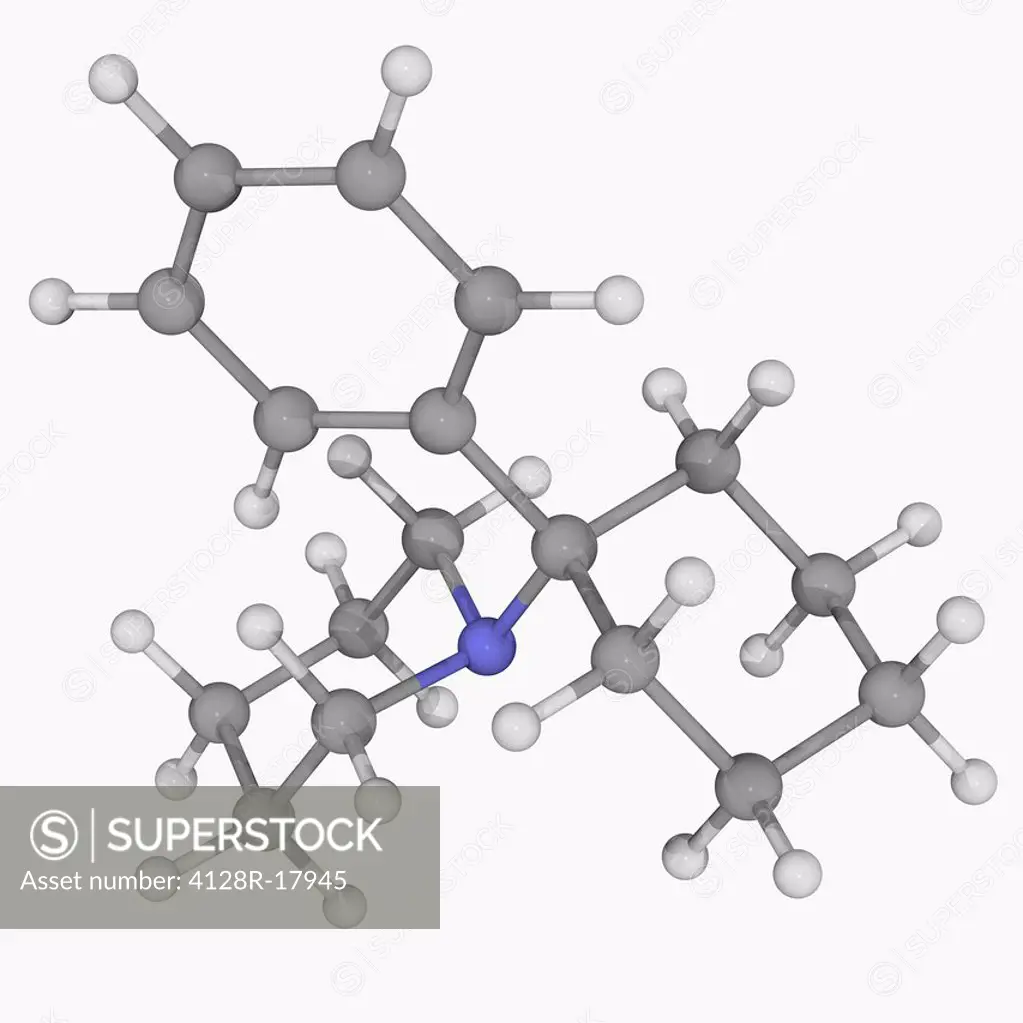 Phencyclidine PCP, angel dust, molecular model. Recreational dissociative drug with hallucinogenic and neurotoxic effects. Atoms are represented as sp...