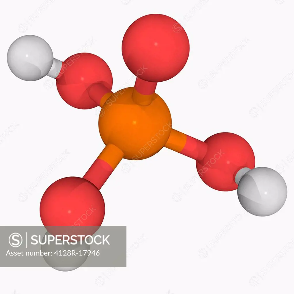 Phosphoric acid, molecular model. Inorganic compound, strong acid, may be used as a rust converter. Atoms are represented as spheres and are colour_co...