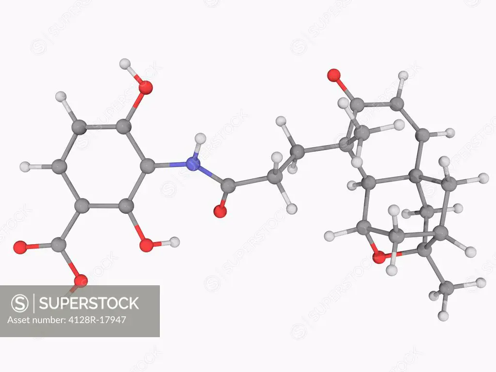 Platensimycin, molecular model. Antibiotic produced by Streptomyces platensis. Experimental new drug for treating MRSA, a bacterium resistant to methi...