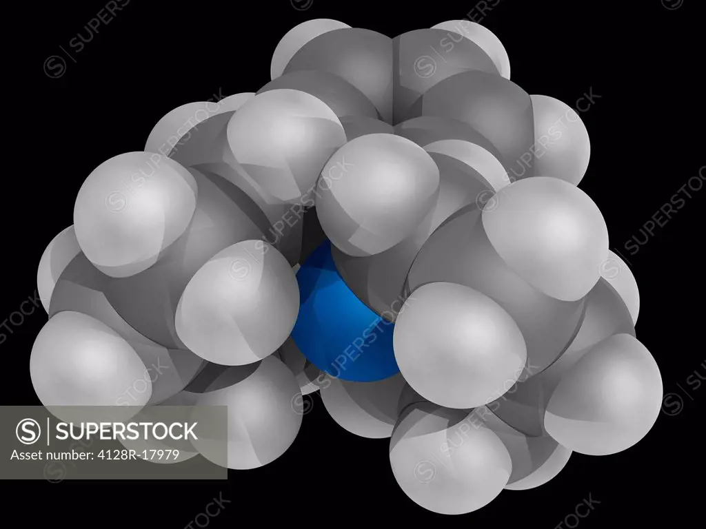 Phencyclidine PCP, angel dust, molecular model. Recreational dissociative drug with hallucinogenic and neurotoxic effects. Atoms are represented as sp...
