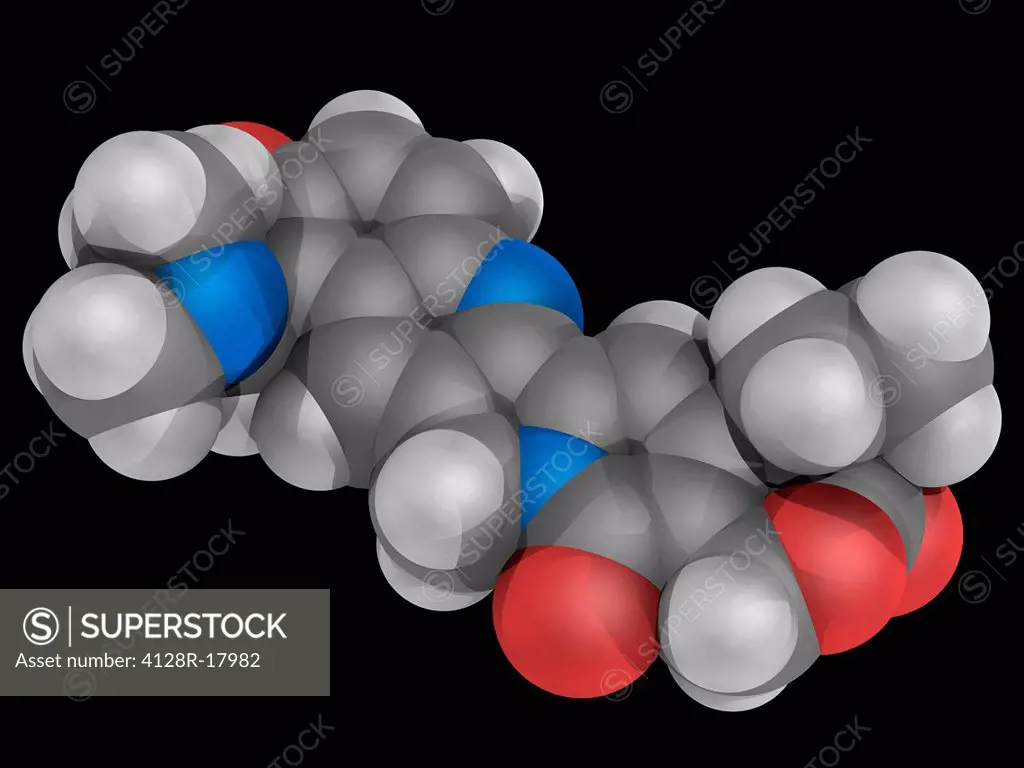 Topotecan, molecular model. Chemotherapy agent acting as a topoisomerase I inhibitor and used to treat ovarian cancer and lung cancer as well as other...
