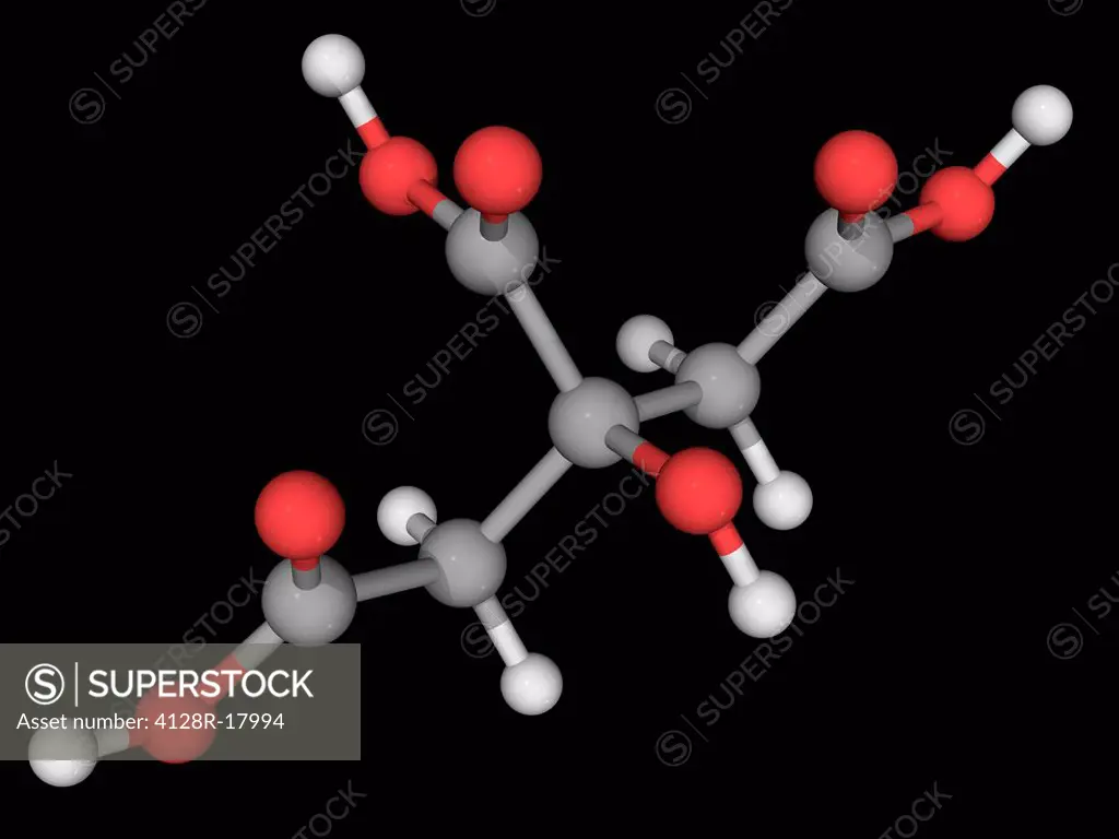 Citric acid, molecular model. Weak organic acid, used mainly as an acidifier, as a flavoring and as a chelating agent. Atoms are represented as sphere...