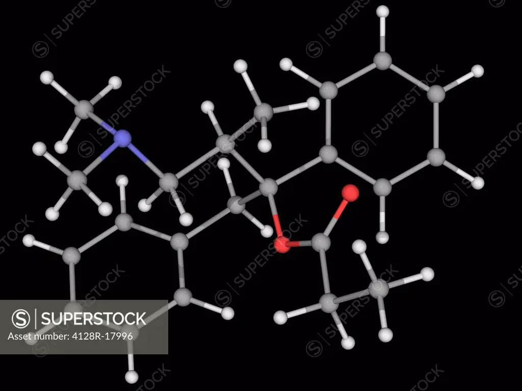 Dextropropoxyphene propoxyphene, molecular model. Mild pain kiler. It was taken off the market in Europe and the USA because of fatal overdoses and ar...