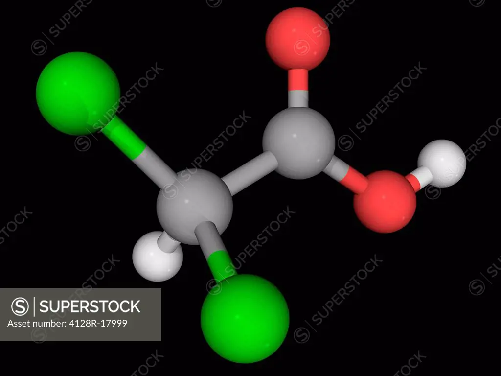 Dichloroacetic acid DCA, molecular model. Analogue of acetic acid with two hydrogen atoms being replaced by chlorine atoms. Atoms are represented as s...
