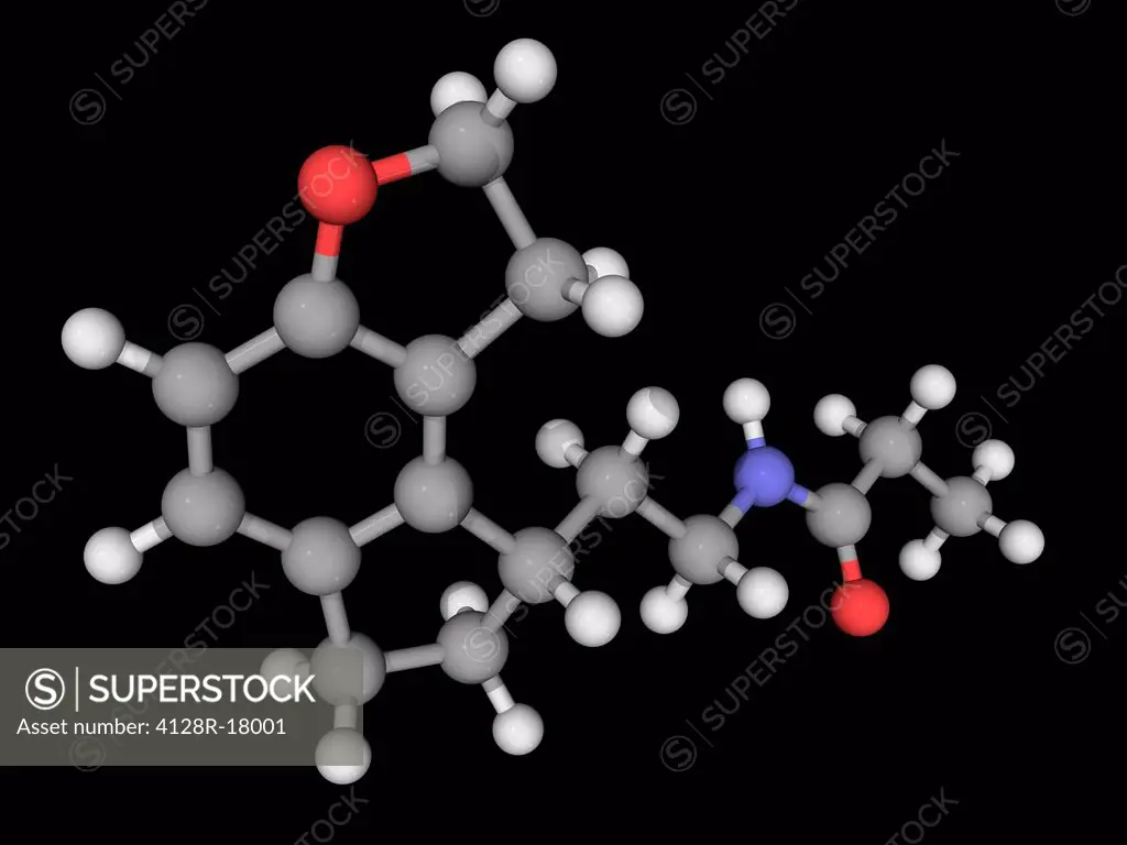 Ramelteon, molecular model. Melatonin receptor agonist used to treat insomnia. Atoms are represented as spheres and are colour_coded: carbon grey, hyd...