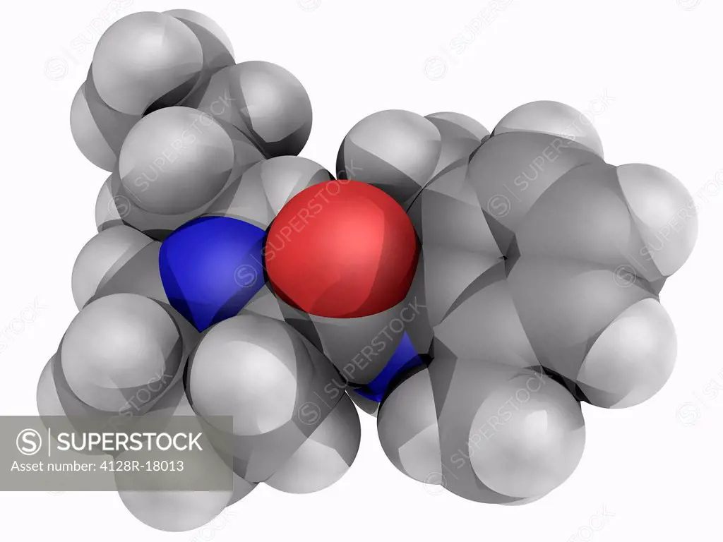 Bupivacaine, molecular model. Drug used for local anaesthesia. Atoms are represented as spheres and are colour_coded: carbon grey, hydrogen white, nit...