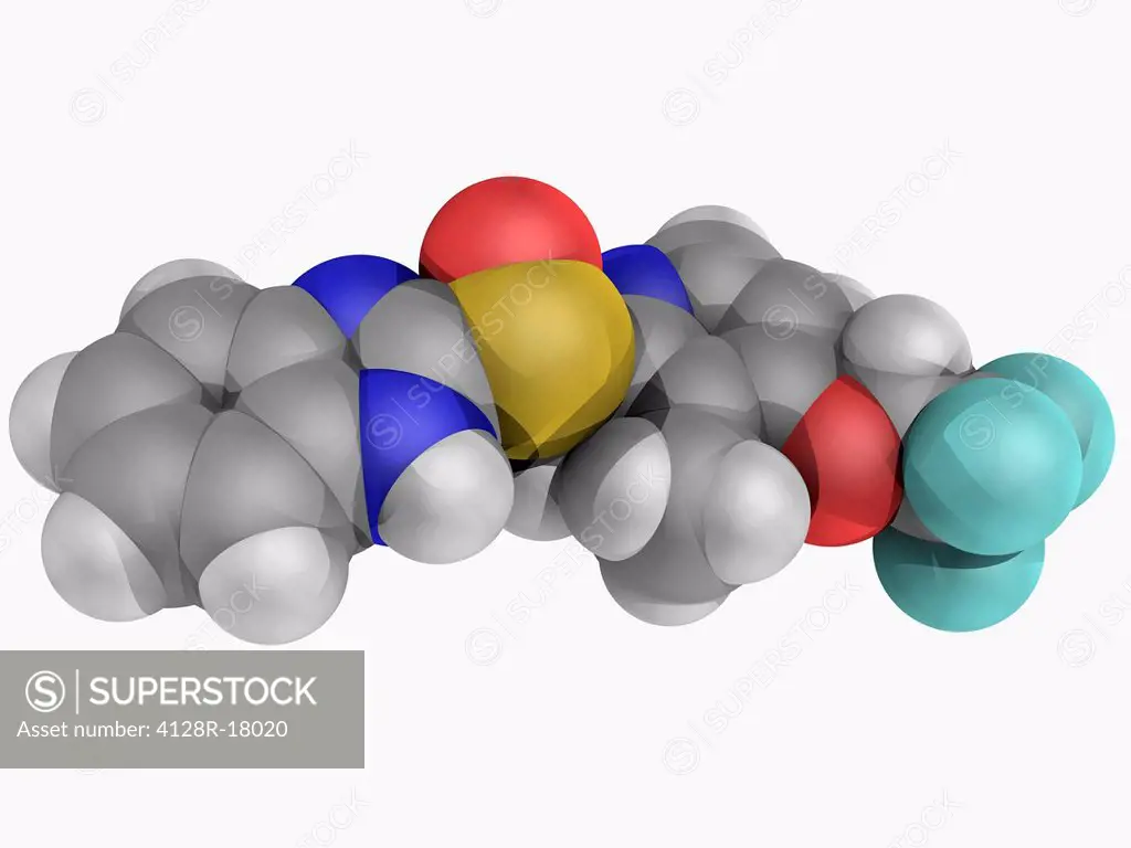 Lansoprazole, molecular model. Proton_pump inhibitor preventing the stomach from producing gastric acid. Atoms are represented as spheres and are colo...