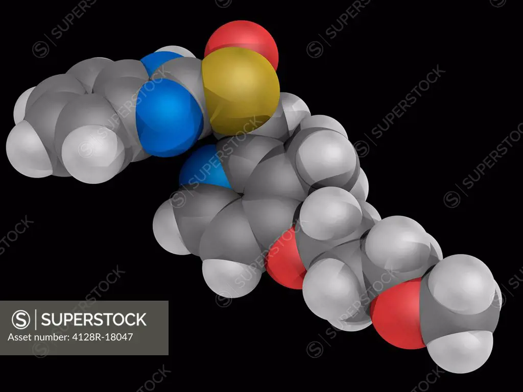 Rabeprazole, molecular model. Proton pump inhibitor used as an antiulcer drug. Atoms are represented as spheres and are colour_coded: carbon grey, hyd...