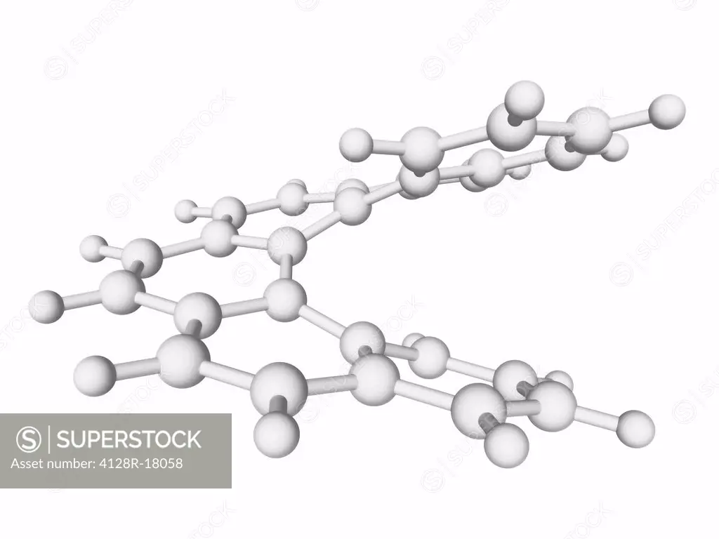 Hexahelicene, molecular model. This compound consists of benzene rings joined together in a way that forms a helix.