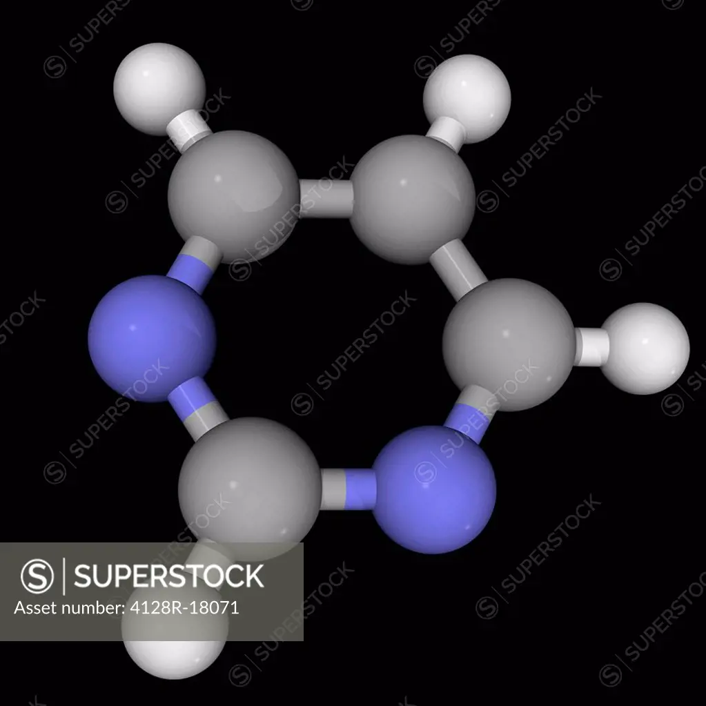 Pyrimidine, molecular model. Aromatic organic compound. The three nucleobases cytosine, thymine and uracil are pyrimidine derivatives. Atoms are repre...