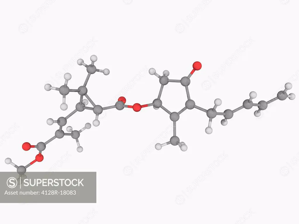 Pyrethrin II, molecular model. Potent insecticide produced from chrysanthemum plants. Atoms are represented as spheres and are colour_coded: carbon gr...