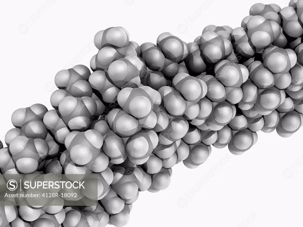 Polypropylene, molecular model. Thermoplastic polymer consisting of long chains of the monomer propylene. Atoms are represented as spheres and are col...