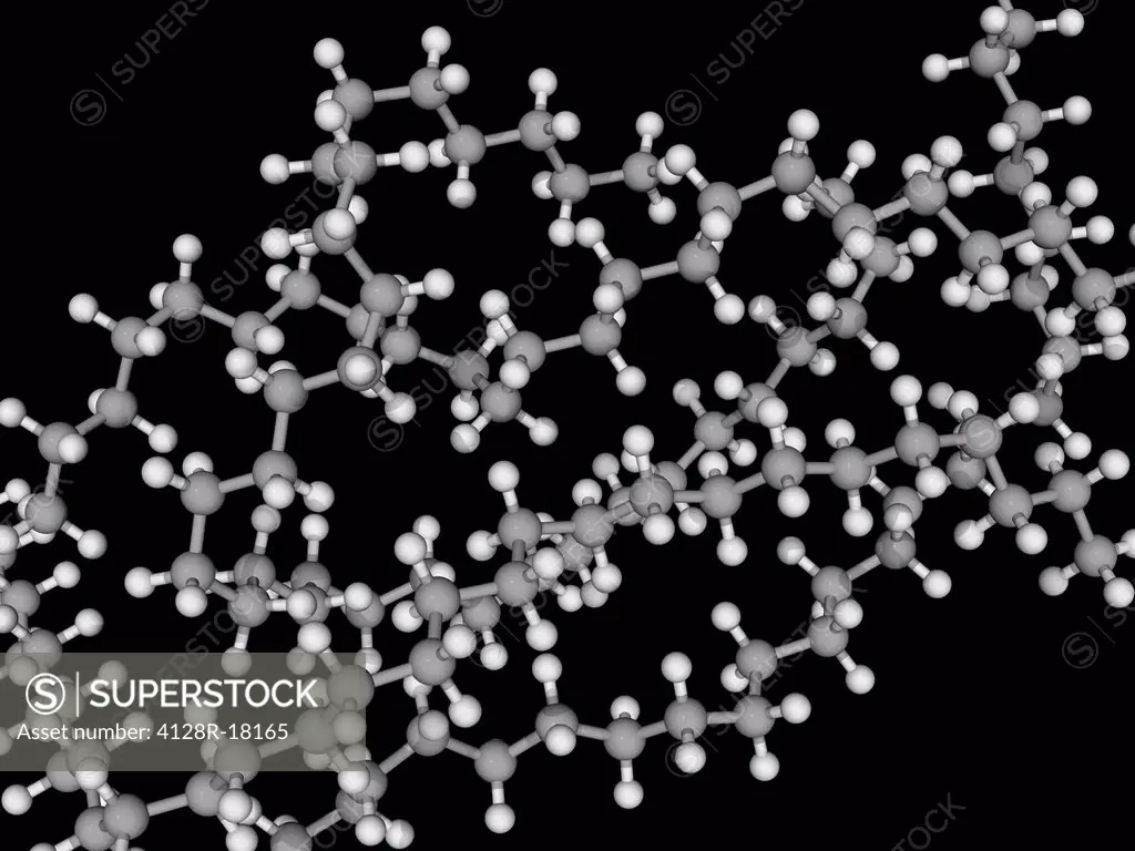 Polyethylene, molecular model. Thermoplastic polymer consisting of long chains of the ingredient monomer ethylene. Atoms are represented as spheres an...