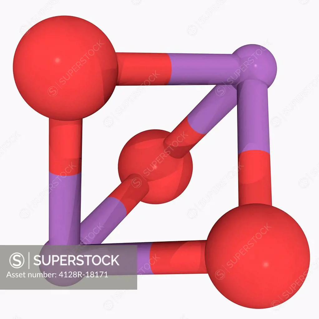 Arsenic trioxide, molecular model. Precursor to arsenic compounds, including organoarsenic compounds. Atoms are represented as spheres and are colour_...