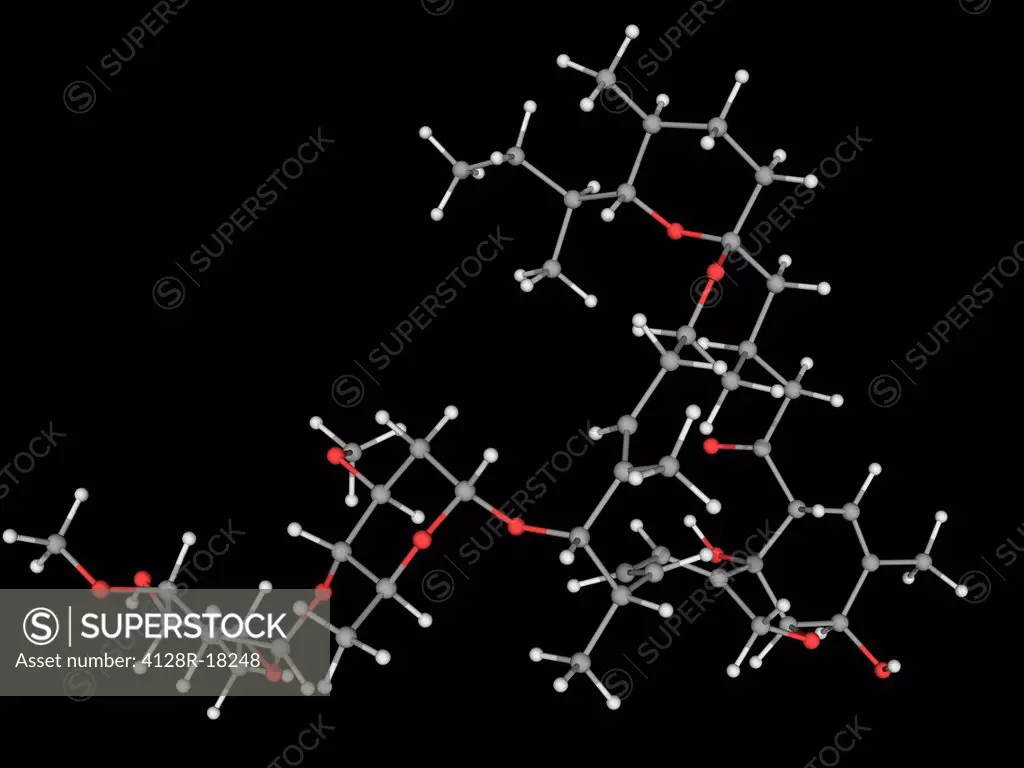 Ivermectin, molecular model. Drug used as a broad_spectrum antiparasitic agent. Atoms are represented as spheres and are colour_coded: carbon grey, hy...