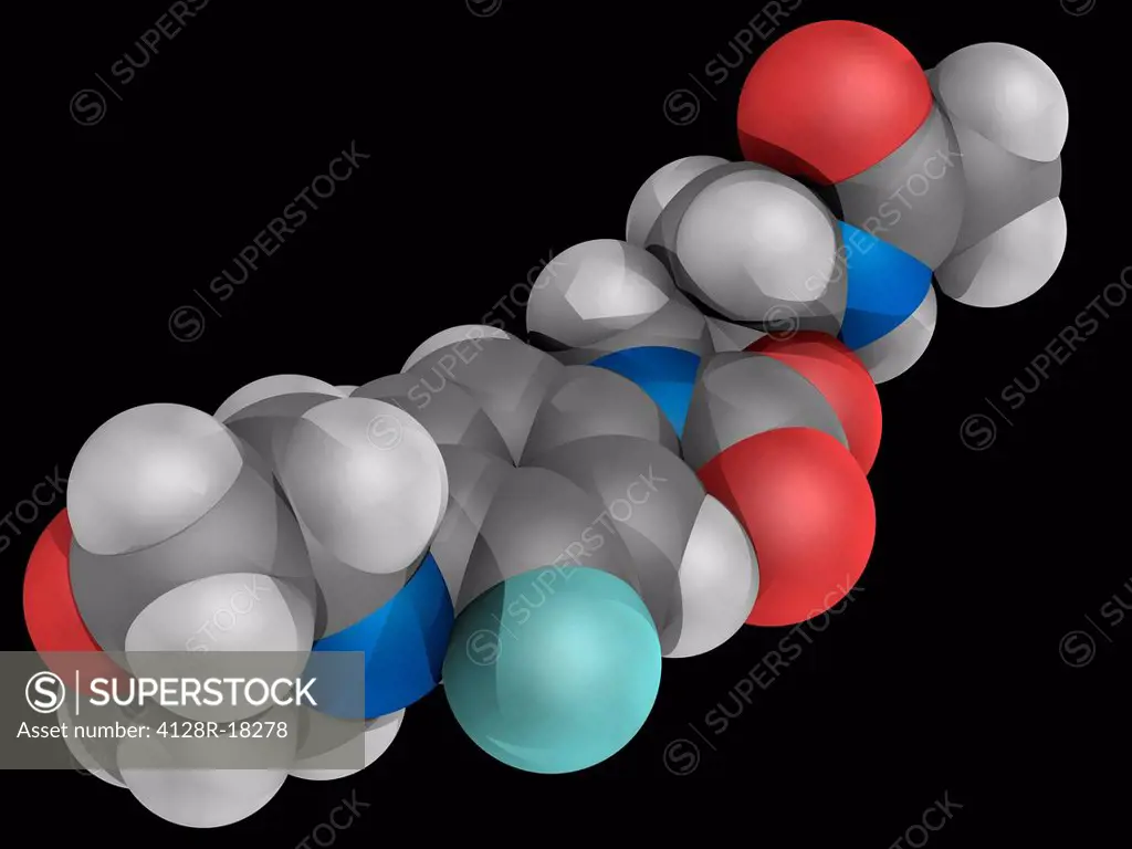 Linezolid, molecular model. Synthetic antibiotic used for the treatment of serious infections resistant to several other antibiotics. Atoms are repres...