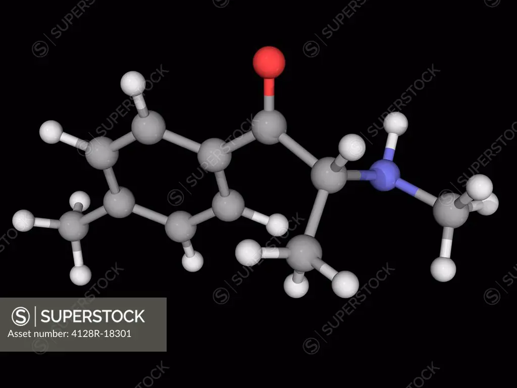 Mephedrone, molecular model. Synthetic stimulant drug of the amphetamine and cathinone classes. Atoms are represented as spheres and are colour_coded:...
