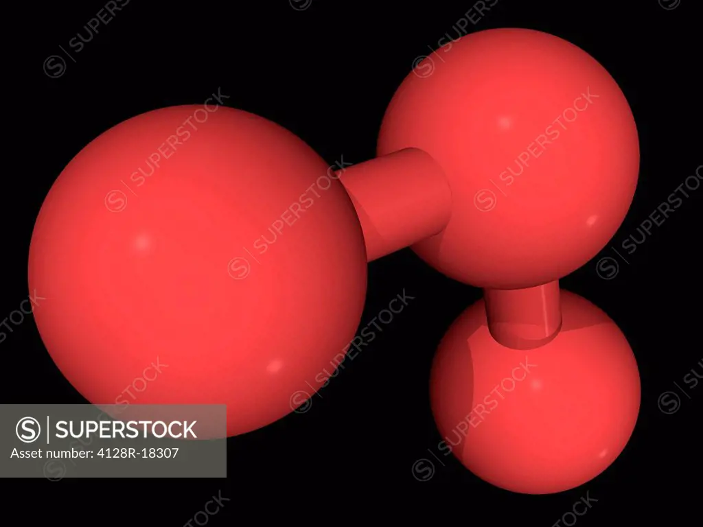 Ozone, molecular model. Triatomic molecule consisting of three oxygen atoms. Air pollutant with harmful effects on the respiratory system.