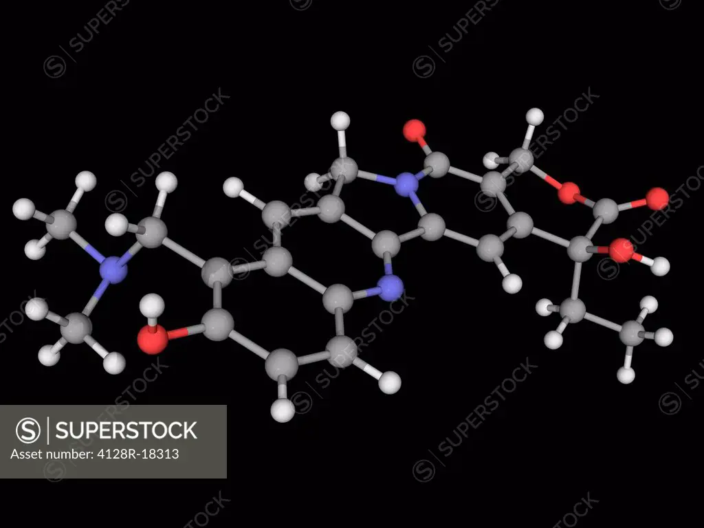 Topotecan, molecular model. Chemotherapy agent acting as a topoisomerase I inhibitor and used to treat ovarian cancer and lung cancer as well as other...