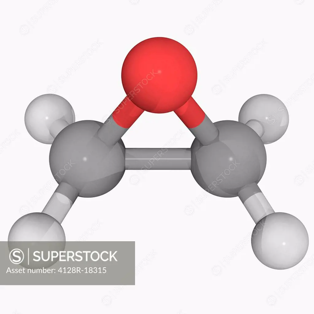 Ethylene oxide oxirane, molecular model. Organic compound, colourless flammable gas. Mostly used for the synthesis of ethylene glycols. Atoms are repr...