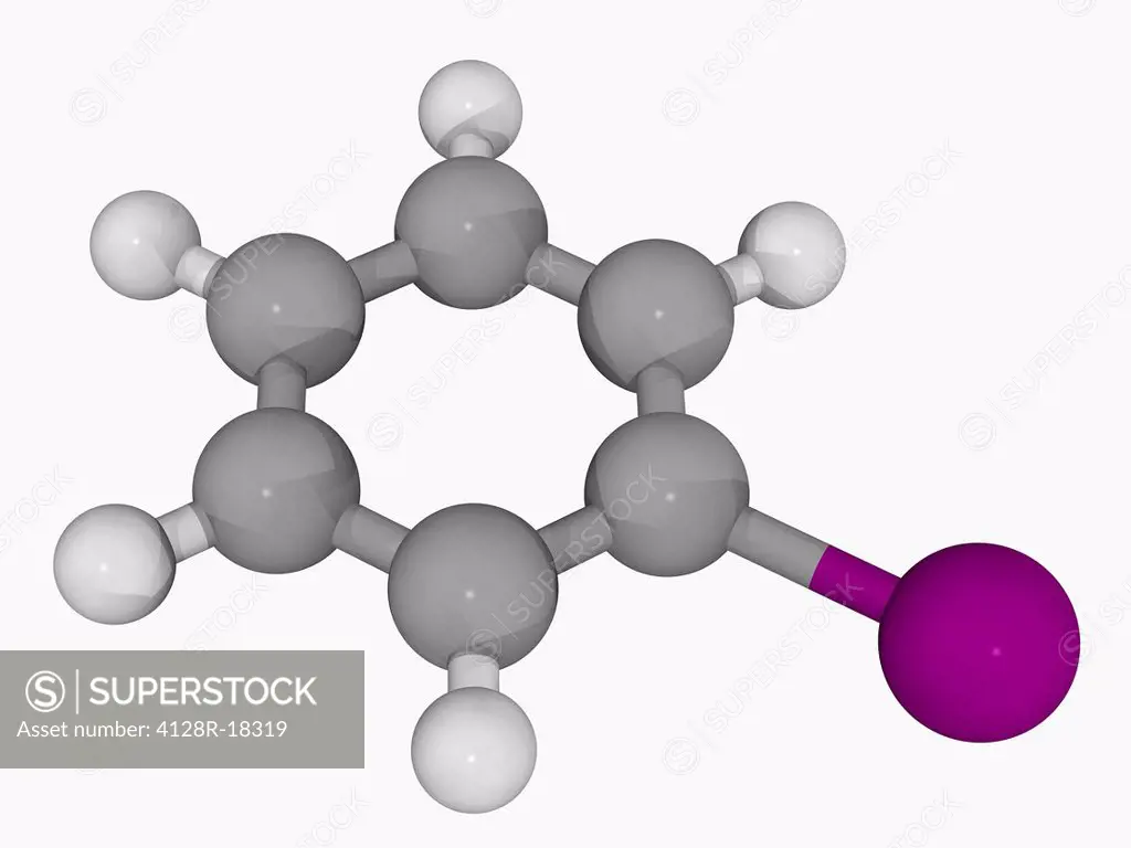Iodobenzene, molecular model. Organic compound used as a synthetic intermediate in organic chemistry. Atoms are represented as spheres and are colour_...