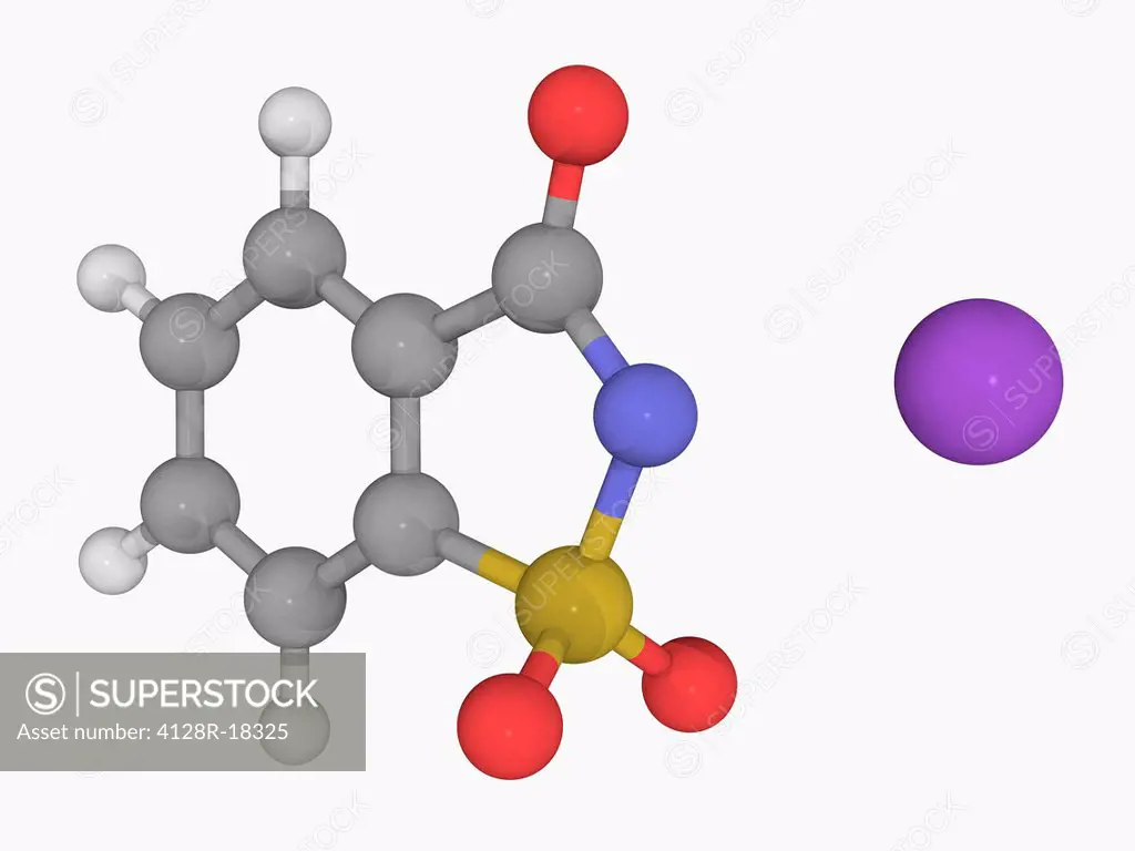 Saccharin, molecular model. Saccharin sodium salt is a water_soluble artificial sweetener. Atoms are represented as spheres and are colour_coded: carb...