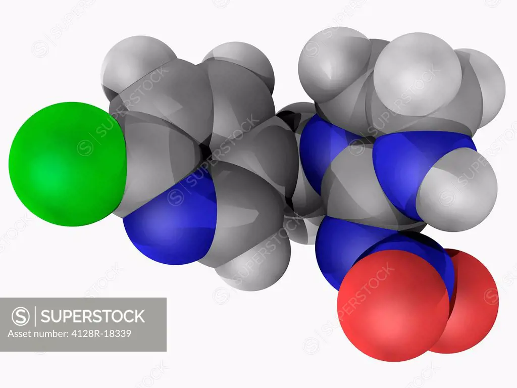 Imidacloprid, molecular model. Systemic insecticide acting as a neurotoxin. Atoms are represented as spheres and are colour_coded: carbon grey, hydrog...