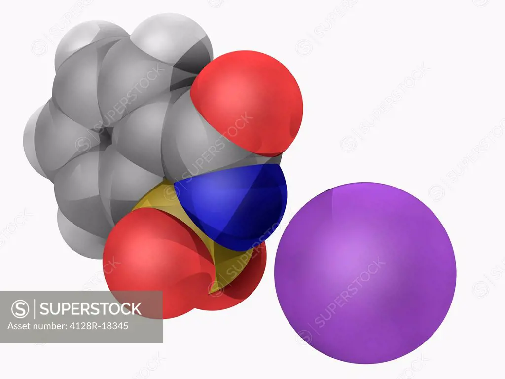 Saccharin, molecular model. Saccharin sodium salt is a water_soluble artificial sweetener. Atoms are represented as spheres and are colour_coded: carb...