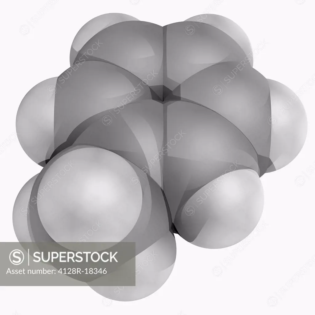 Toluene, molecular model. Aromatic hydrocarbon widely used as an industrial feedstock and as a solvent. Atoms are represented as spheres and are colou...