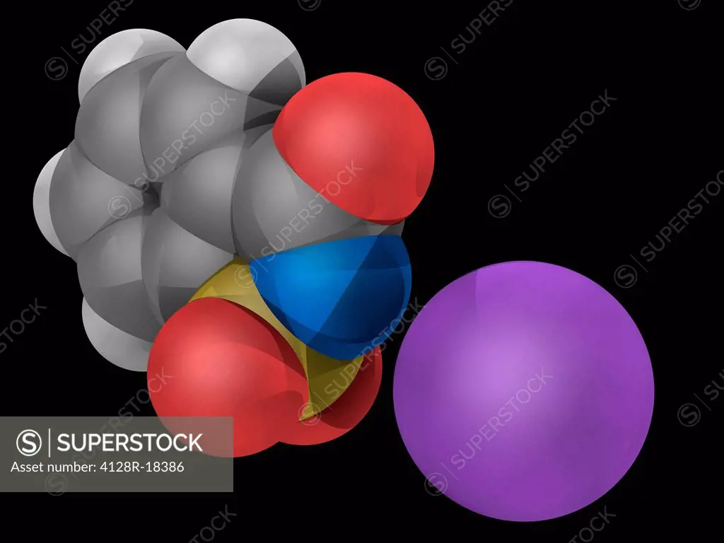 Saccharin, molecular model. Saccharin sodium salt is a water_soluble artificial sweetener. Atoms are represented as spheres and are colour_coded: carb...