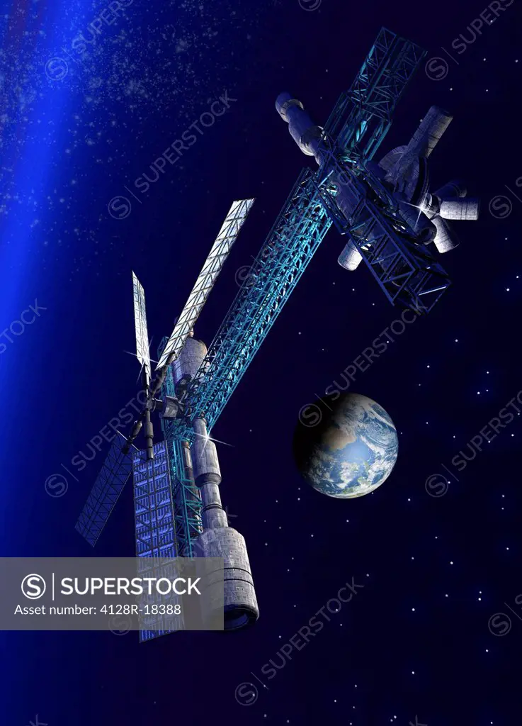 Futuristic space station orbiting Earth, computer artwork.