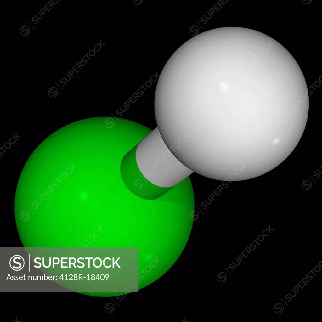 Hydrochloric acid, molecular model. Highly corrosive, strong mineral acid. Found naturally in gastric acid. Mainly used in the industrial production o...