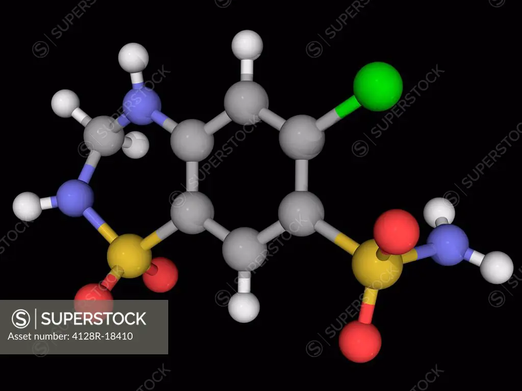Hydrochlorothiazide, molecular model. Diuretic drug of the thiazide class and acting by inhibiting the kidney´s ability to retain water. Atoms are rep...