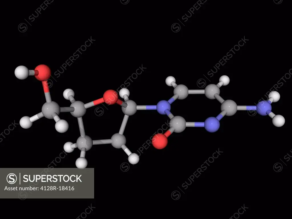 Zalcitabine, molecular model. Nucleoside analogue reverse transcriptase inhibitor used to treat HIV. Atoms are represented as spheres and are colour_c...