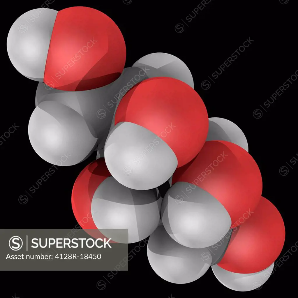 Xylitol, molecular model. Naturally occurring sugar alcohol used as a sugar substitute. Atoms are represented as spheres and are colour_coded: carbon ...