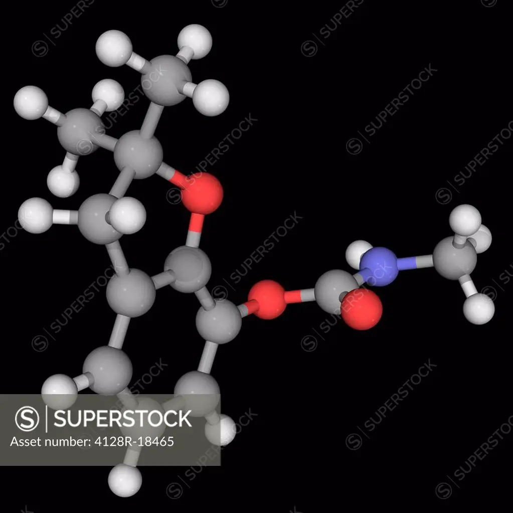 Carbofuran, molecular model. One of the most toxic carbamate pesticides. Atoms are represented as spheres and are colour_coded: carbon grey, hydrogen ...
