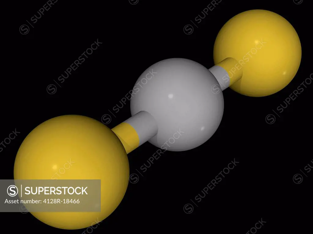 Carbon disulfide, molecular model. Organic compound frequently used as a building block in organic chemistry. Atoms are represented as spheres and are...